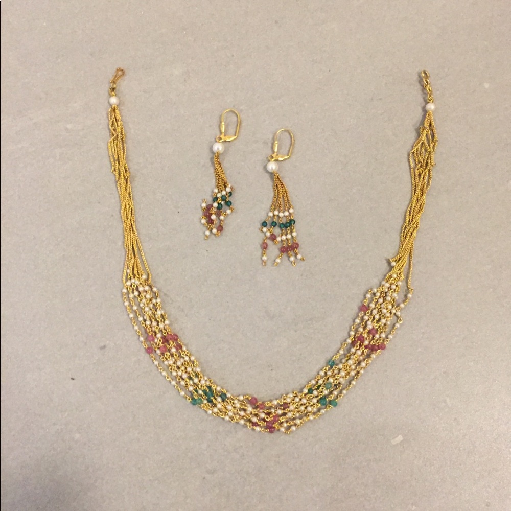 Goldtone pearl bead necklace earring set